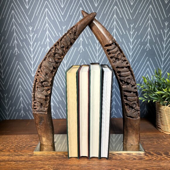 Vintage Hand Carved Wood Elephant Tusk Bookends or Sculptures on Brass Bases - Picture 3 of 17